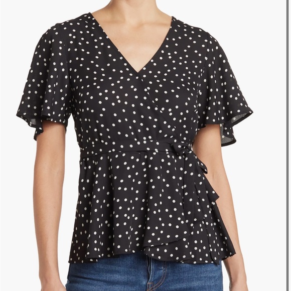 NWT Bobeau Flutter Sleeve Faux Wrap Blouse - Picture 2 of 15